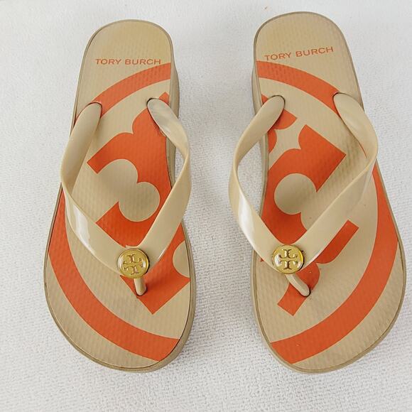 Tory Burch Logo thong wedge slip on sandal Size 8 orange and tan Casual - Picture 2 of 7
